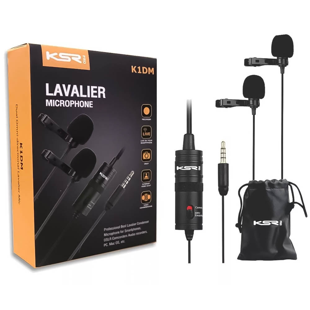 Microfone Lapela Profissional KSR PRO K1DM Omnidirecional Duplo